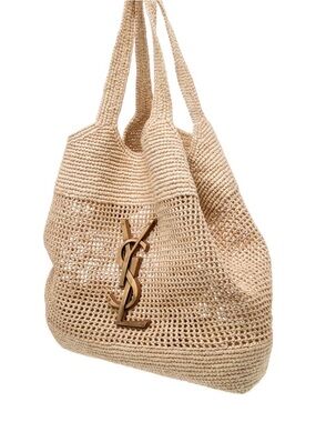 AUTHENTIC Saint Laurent Beige Crochet Beach Tote with Gold YSL Logo